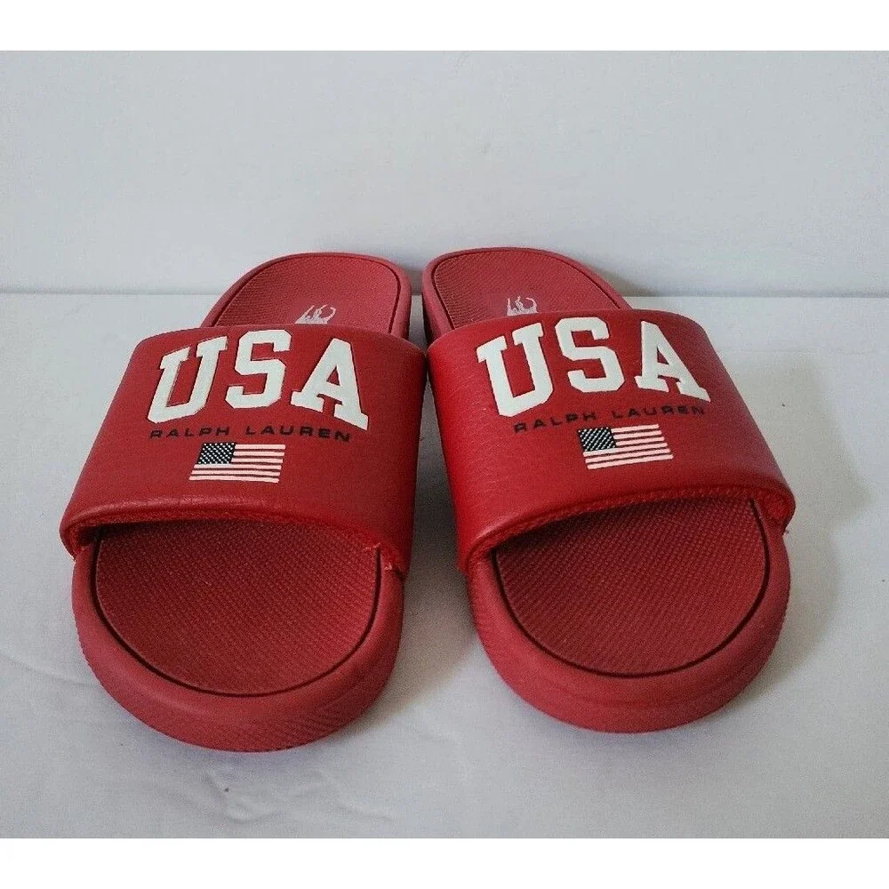 Polo Ralph Lauren IVER Slides Sandals Flag USA Eva Red Grade School Kids Size 11